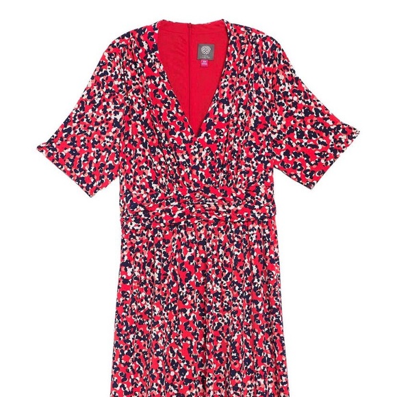 Vince Camuto red/blue 3/4 sleeve Shirred Dress - Picture 3 of 4